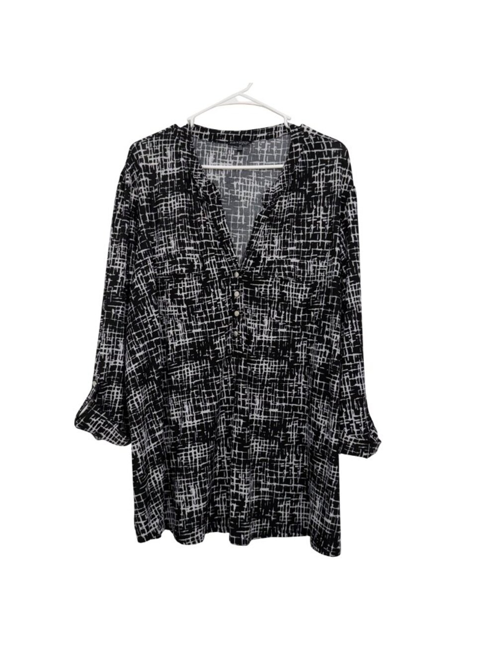 Ava & Grace Womens Black & White Printed Tunic Top 3X Long Sleeve Lightweight
